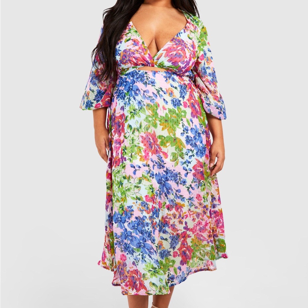 Plus Floral Chiffon Volume Sleeve Midi Skater Dress